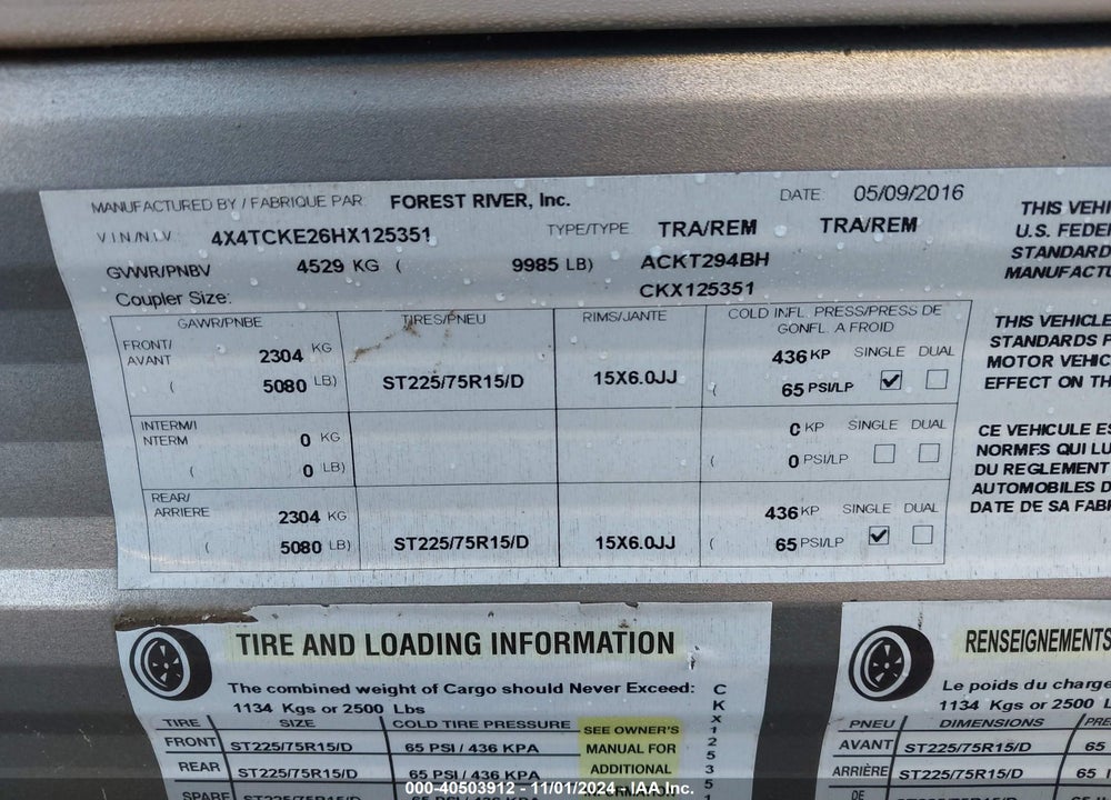 2017 FOREST RIVER CHEROKEE VIN: 4X4TCKE26HX125351