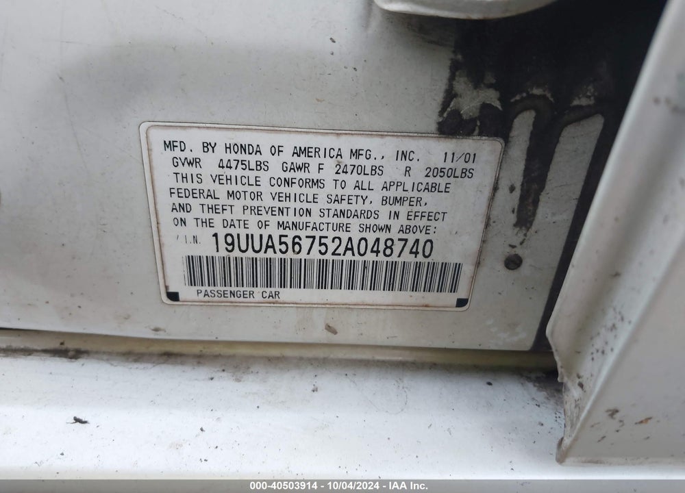 2002 ACURA TL 3.2 VIN: 19UUA56752A048740