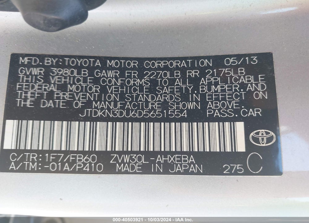 2013 TOYOTA PRIUS TWO VIN: JTDKN3DU6D5651554