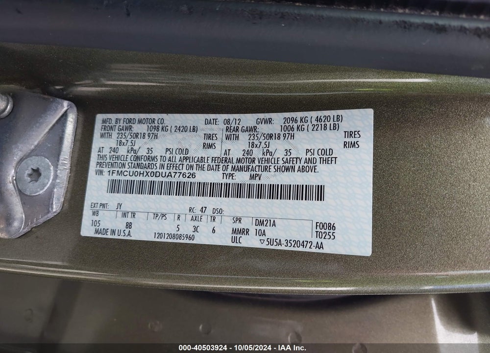 2013 FORD ESCAPE SEL VIN: 1FMCU0HX0DUA77626