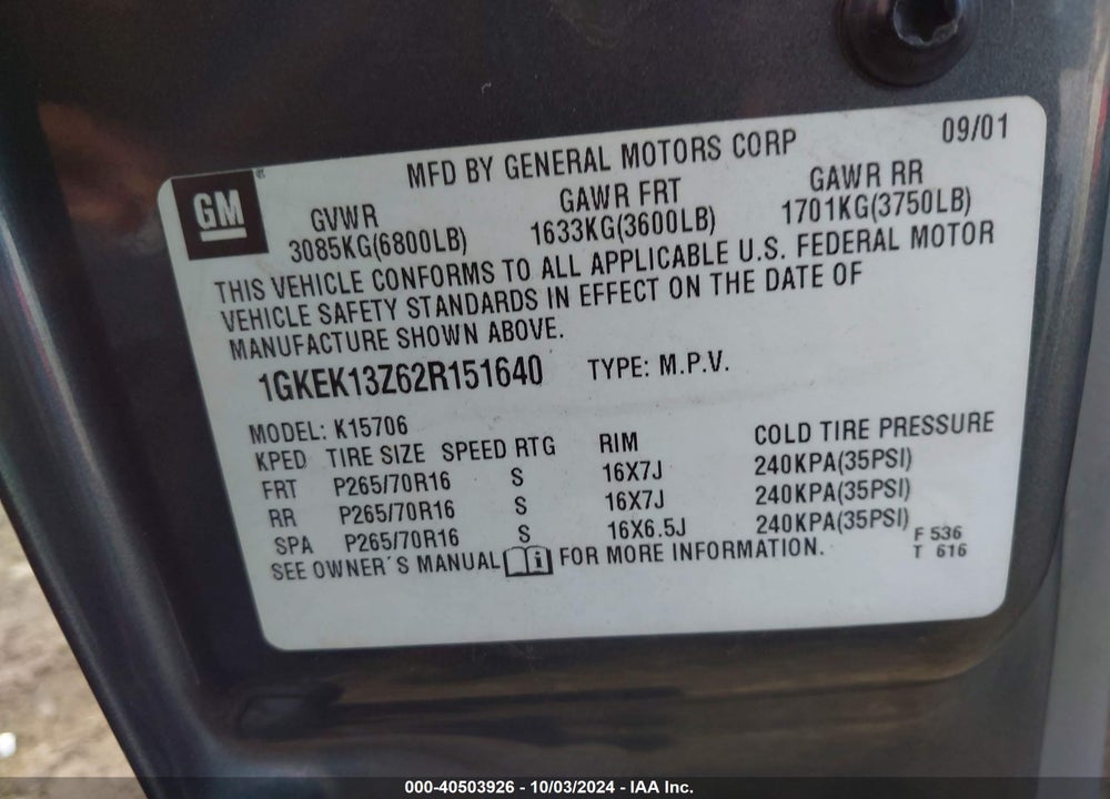 2002 GMC YUKON SLT VIN: 1GKEK13Z62R151640