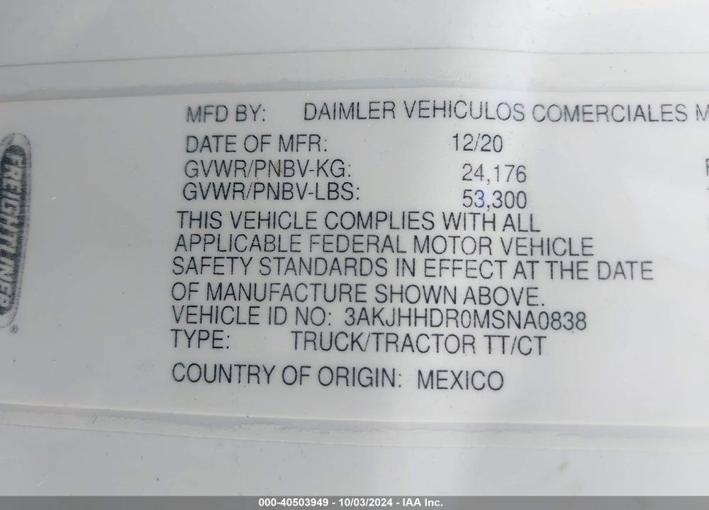 2021 FREIGHTLINER NEW CASCADIA 126 VIN: 3AKJHHDR0MSNA0838