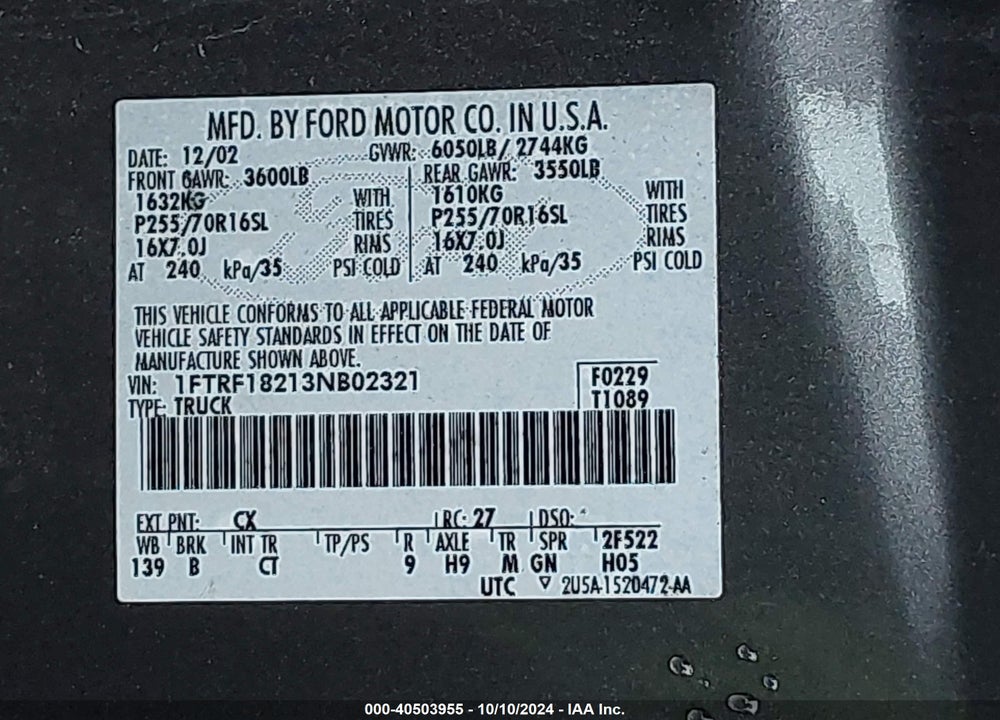 2003 FORD F-150 XL/XLT VIN: 1FTRF18213NB02321