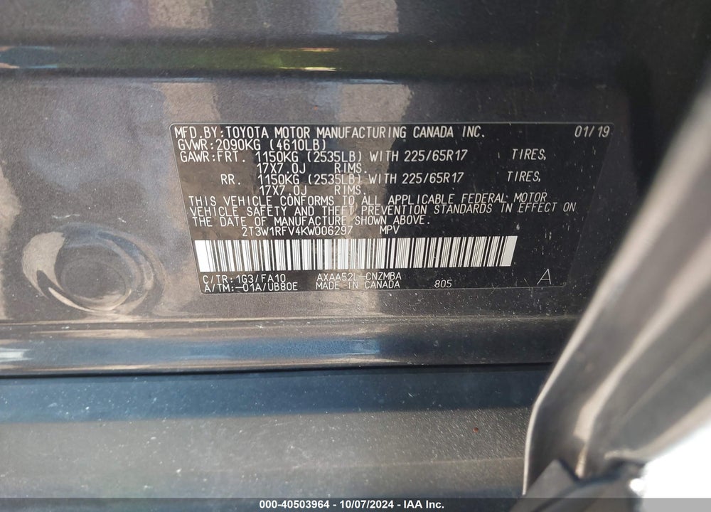 2019 TOYOTA RAV4 XLE VIN: 2T3W1RFV4KW006297