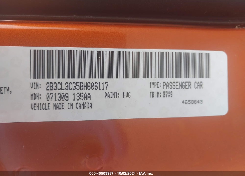 2011 DODGE CHARGER VIN: 2B3CL3CG5BH606117
