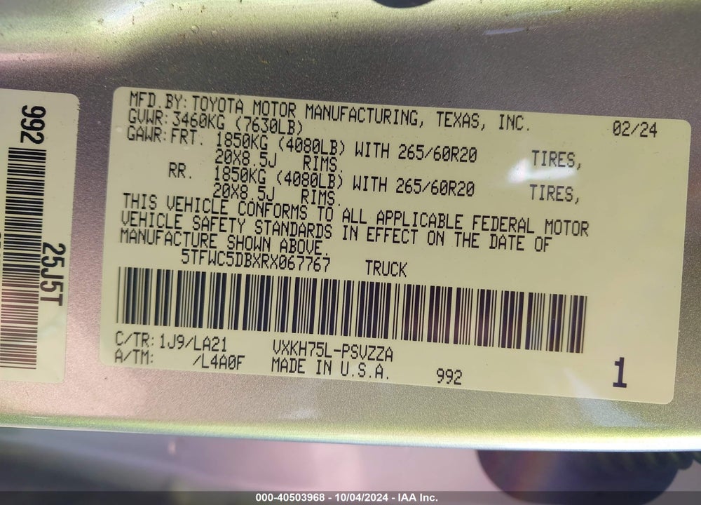 2024 TOYOTA TUNDRA HYBRID PLATINUM VIN: 5TFWC5DBXRX067767