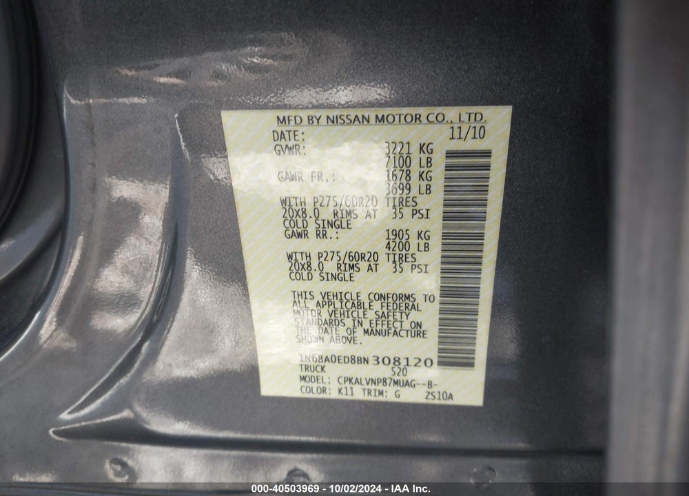 2011 NISSAN TITAN SL VIN: 1N6BA0ED8BN308120