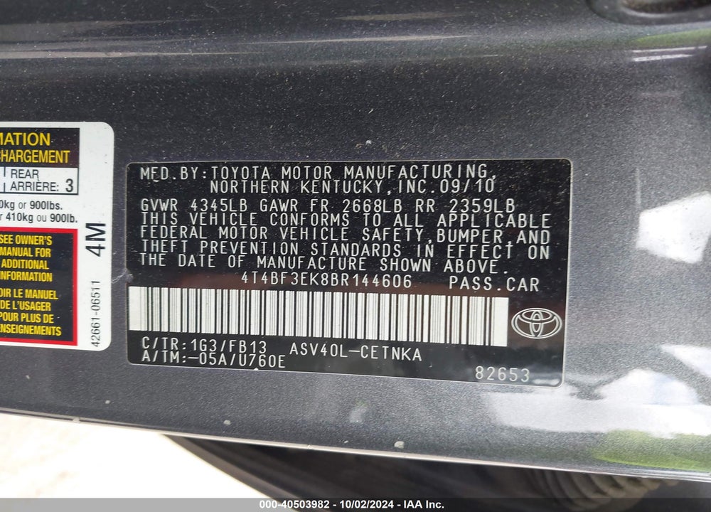 2011 TOYOTA CAMRY LE VIN: 4T4BF3EK8BR144606