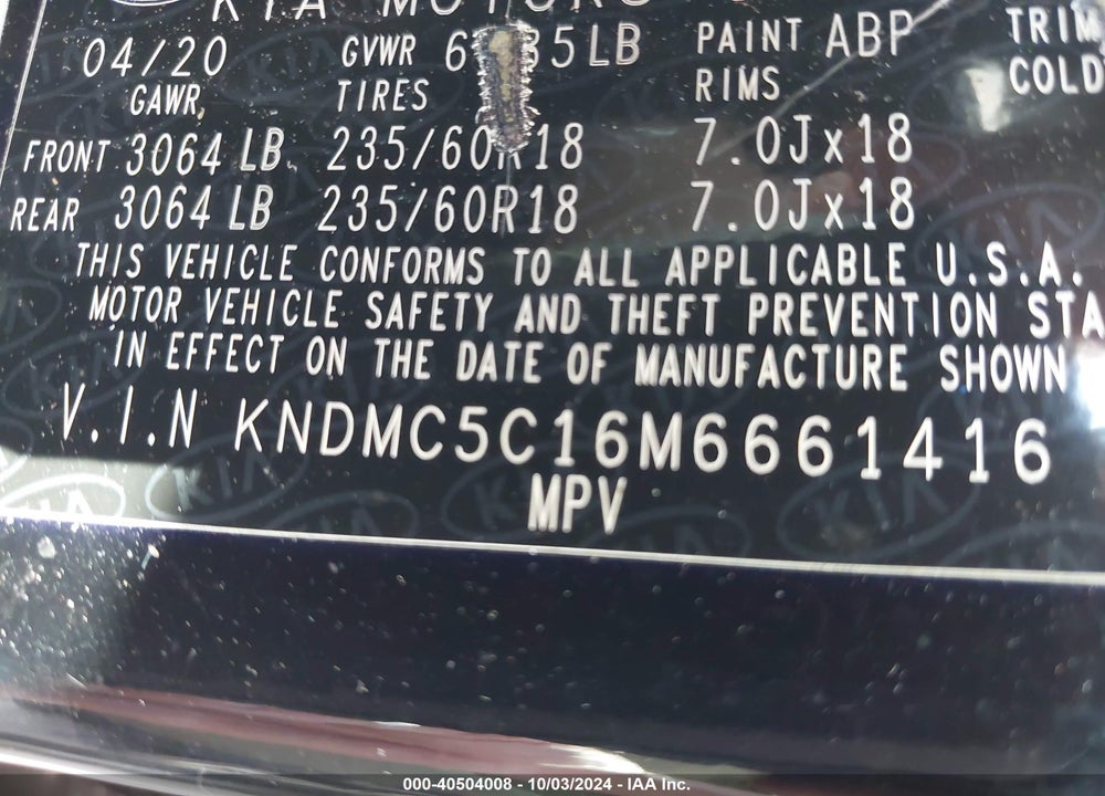 2021 KIA SEDONA VIN: KNDMC5C16M6661416