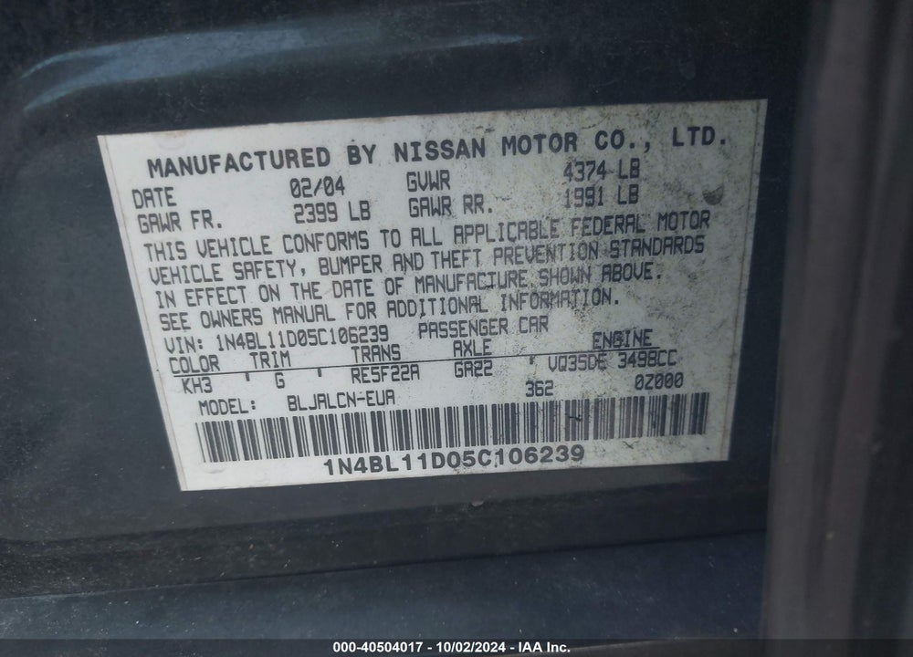 2005 NISSAN ALTIMA 3.5 SE VIN: 1N4BL11D05C106239