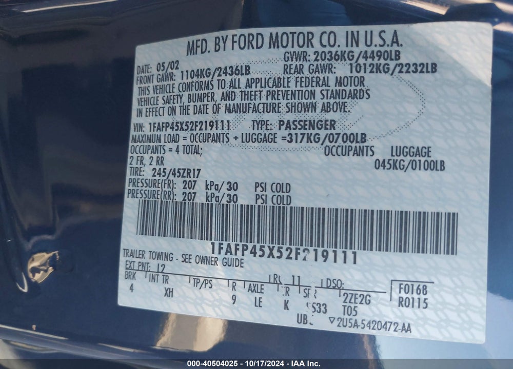 2002 FORD MUSTANG GT VIN: 1FAFP45X52F219111