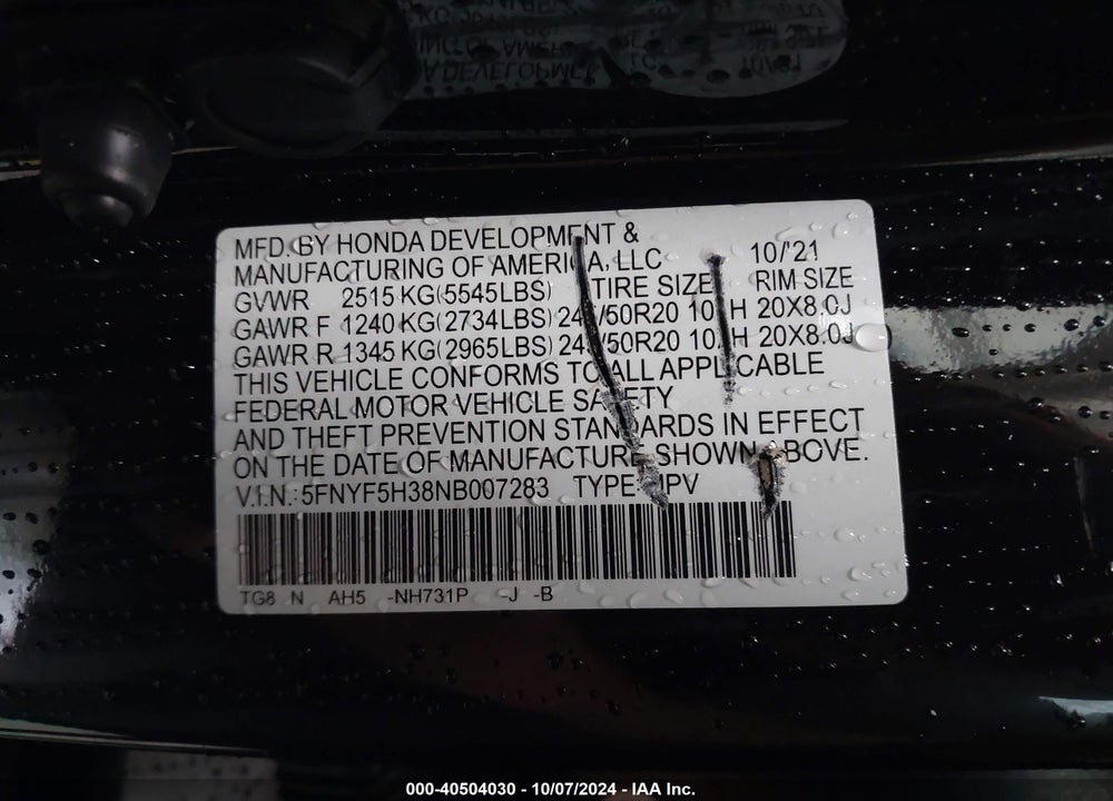 2022 HONDA PILOT 2WD SPORT VIN: 5FNYF5H38NB007283