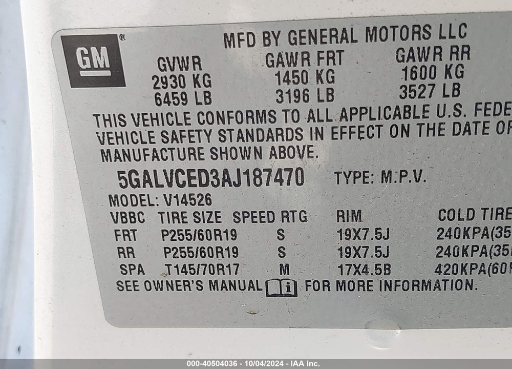 2010 BUICK ENCLAVE 2XL VIN: 5GALVCED3AJ187470