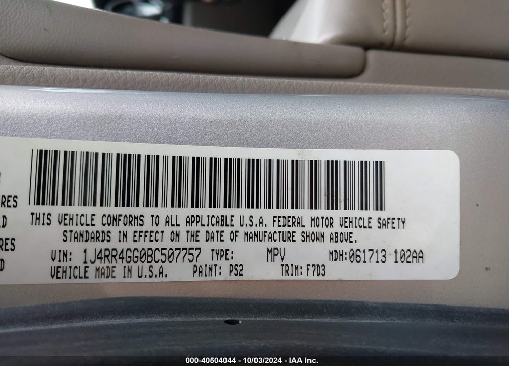 2011 JEEP GRAND CHEROKEE LAREDO VIN: 1J4RR4GG0BC507757