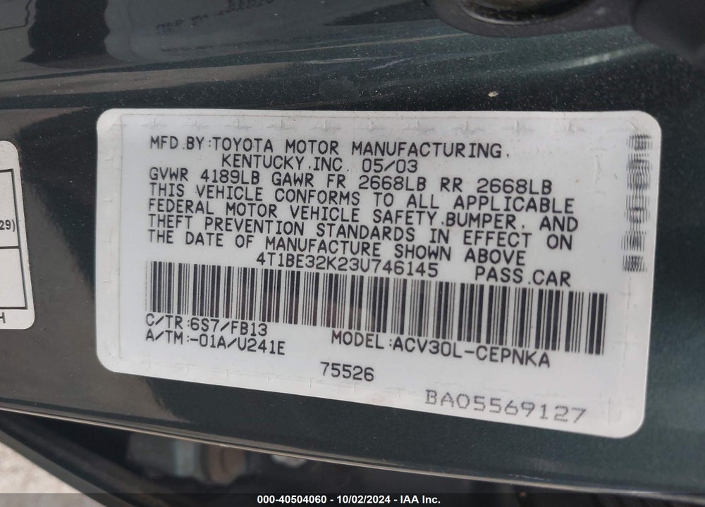 2003 TOYOTA CAMRY LE VIN: 4T1BE32K23U746145