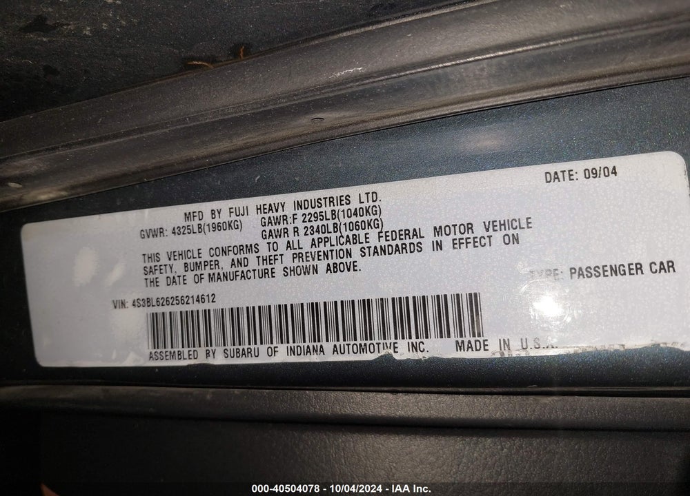 2005 SUBARU LEGACY 2.5I LIMITED VIN: 4S3BL626256214612