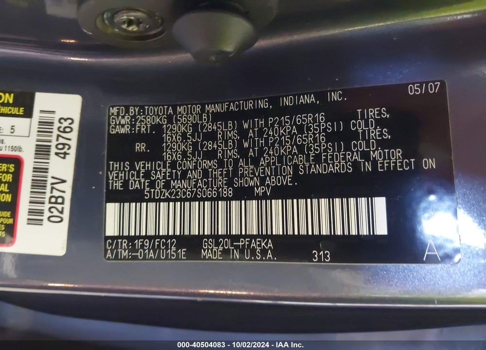 2007 TOYOTA SIENNA LE VIN: 5TDZK23C67S066188