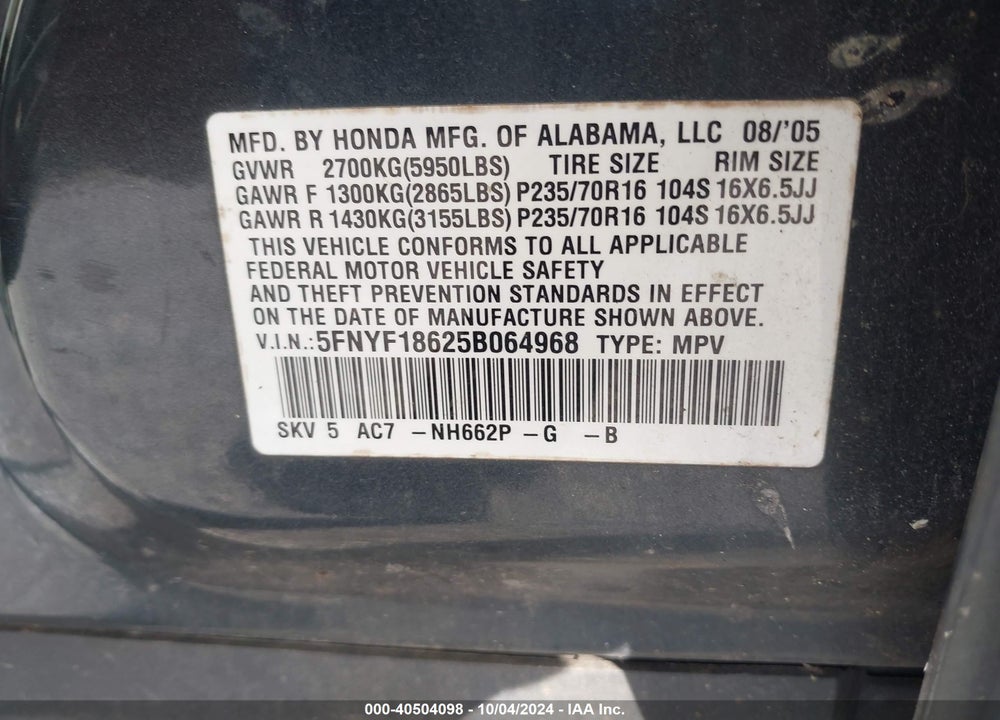 2005 HONDA PILOT EX-L VIN: 5FNYF18625B064968
