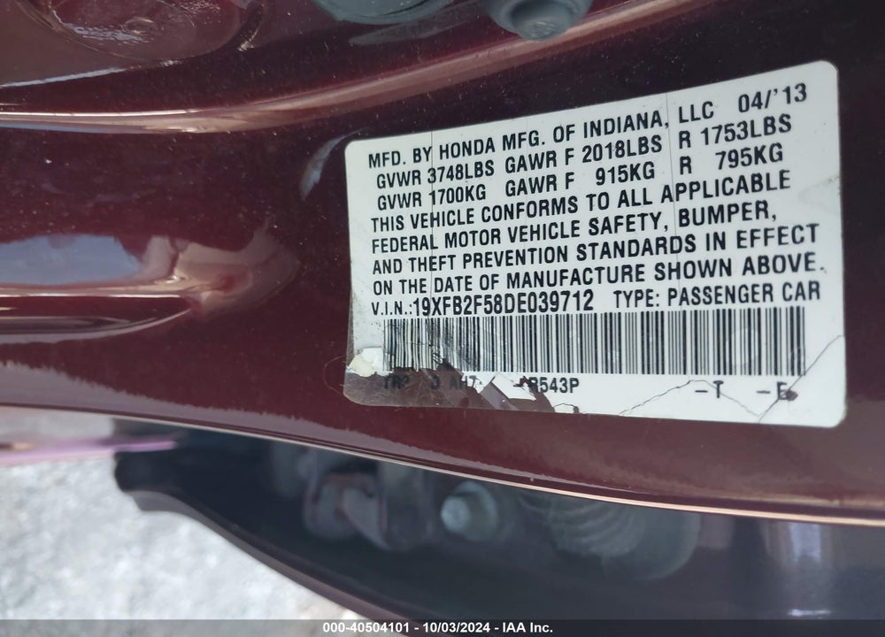 2013 HONDA CIVIC LX VIN: 19XFB2F58DE039712