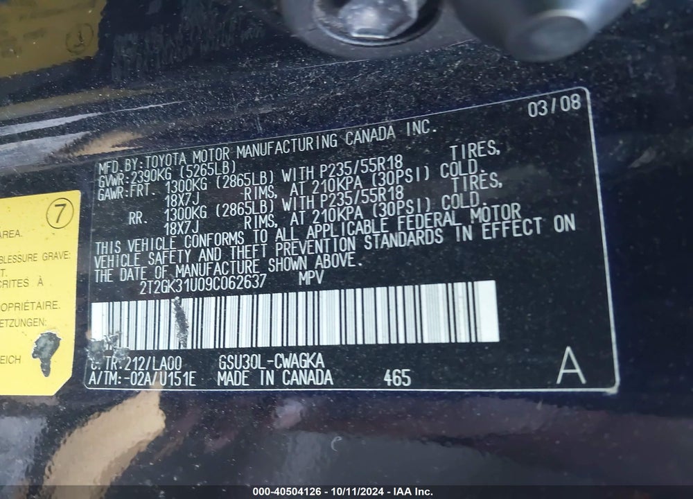2009 LEXUS RX 350 VIN: 2T2GK31U09C062637