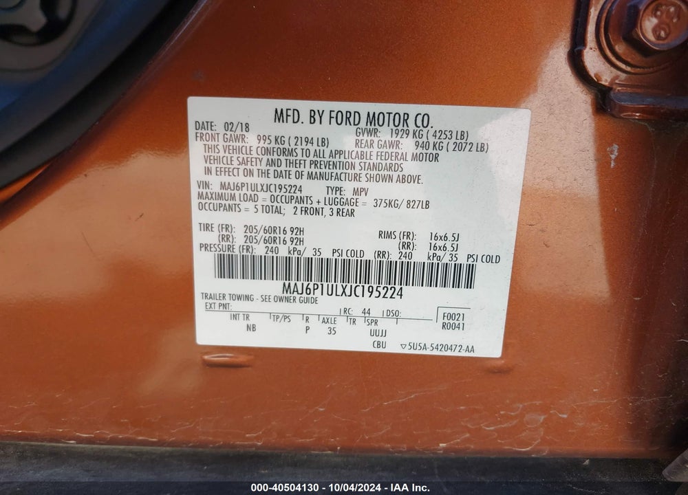 2018 FORD ECOSPORT VIN: MAJ6P1ULXJC195224