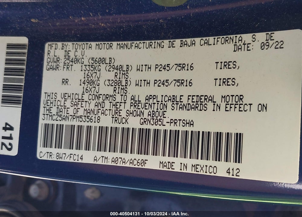 2023 TOYOTA TACOMA SR5 V6 VIN: 3TMCZ5AN7PM535618