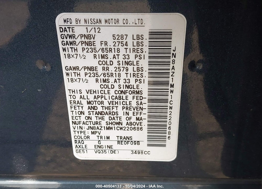 2012 NISSAN MURANO SL VIN: JN8AZ1MW1CW220686