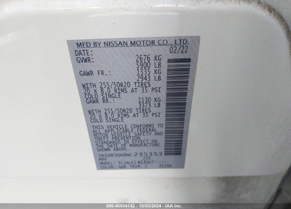 2022 NISSAN PATHFINDER PLATINUM 2WD VIN: 5N1DR3DH8NC235353