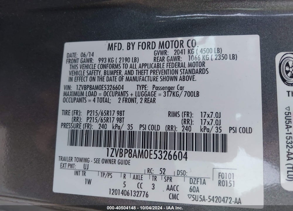 2014 FORD MUSTANG V6 VIN: 1ZVBP8AM0E5326604