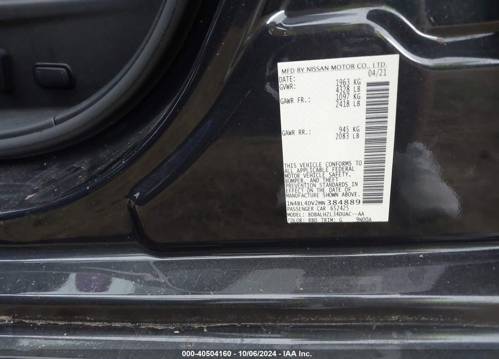 2021 NISSAN ALTIMA SV FWD VIN: 1N4BL4DV2MN384889