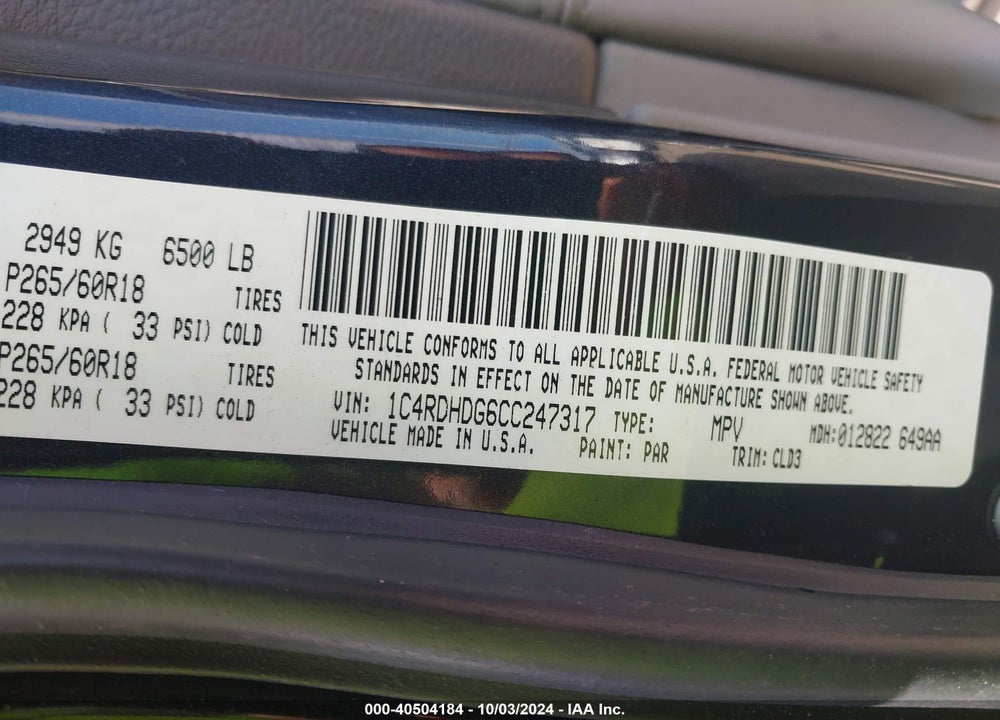 2012 DODGE DURANGO CREW VIN: 1C4RDHDG6CC247317