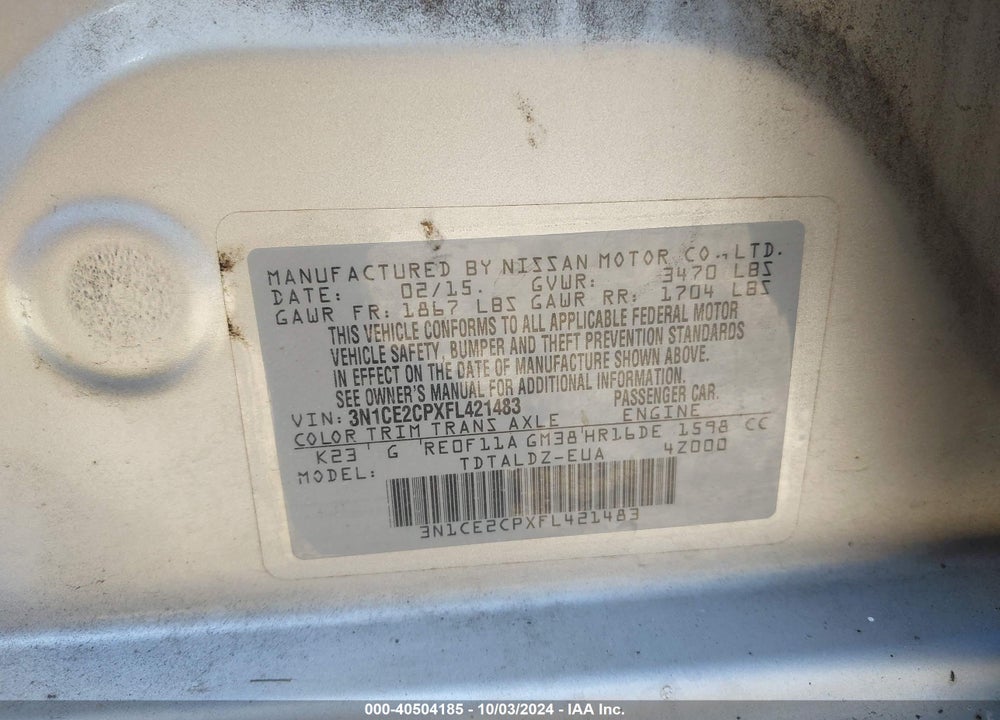 2015 NISSAN VERSA NOTE S (SR)/S PLUS/SL/SR/SV VIN: 3N1CE2CPXFL421483