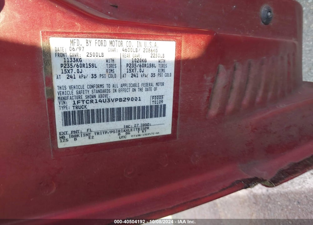1997 FORD RANGER SPLASH/XL/XLT VIN: 1FTCR14U3VPB29001