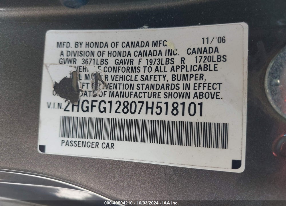2007 HONDA CIVIC EX VIN: 2HGFG12807H518101