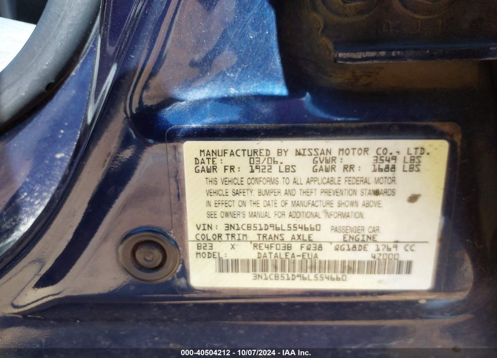 2006 NISSAN SENTRA 1.8S VIN: 3N1CB51D96L554660