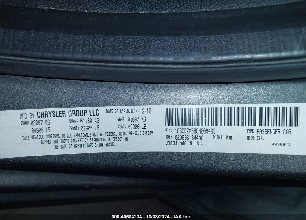2012 DODGE AVENGER SE VIN: 1C3CDZAB8CN209469
