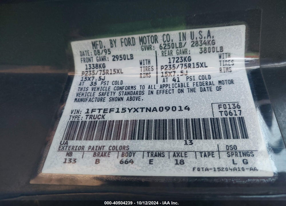 1996 FORD F150 VIN: 1FTEF15YXTNA09014