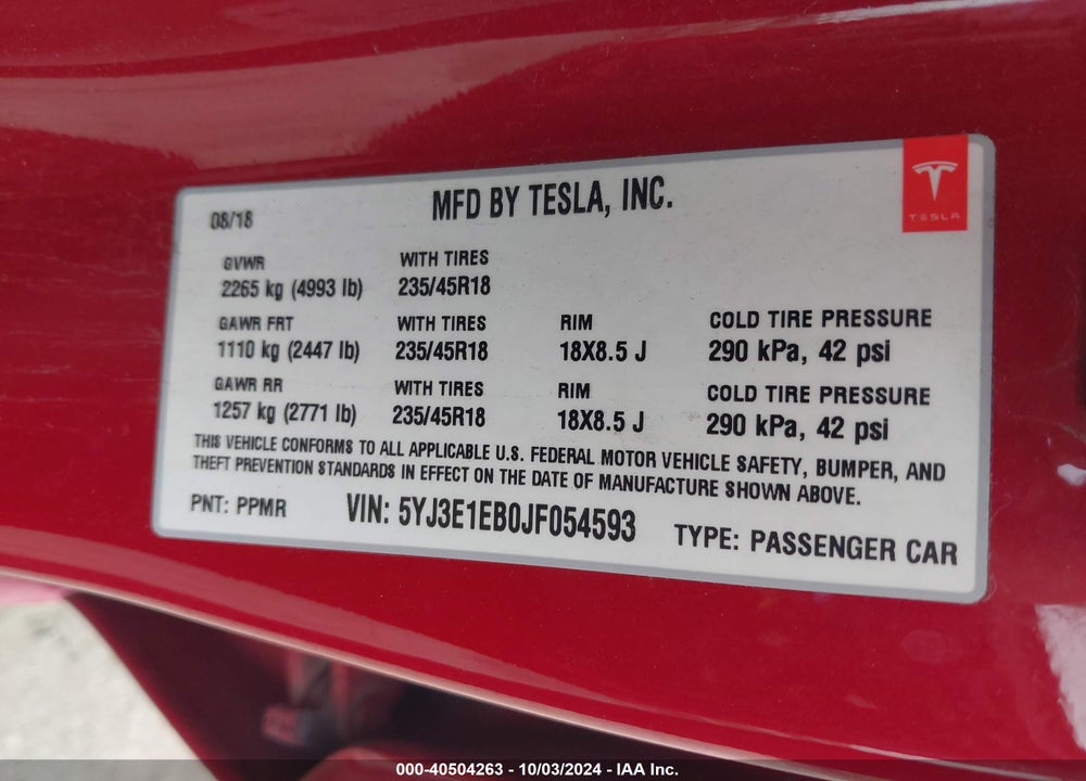 2018 TESLA MODEL 3 LONG RANGE/PERFORMANCE VIN: 5YJ3E1EB0JF054593