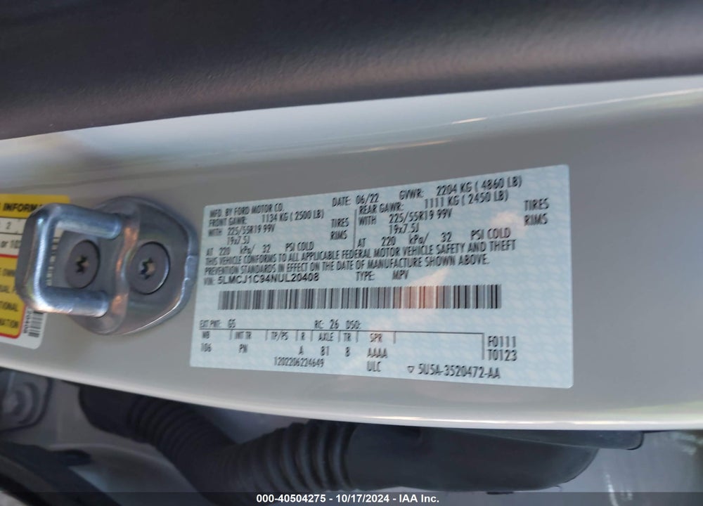 2022 LINCOLN CORSAIR STANDARD VIN: 5LMCJ1C94NUL20408