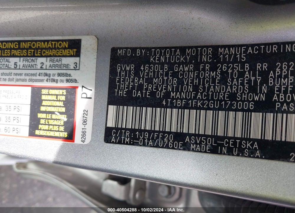 2016 TOYOTA CAMRY SE VIN: 4T1BF1FK2GU173006