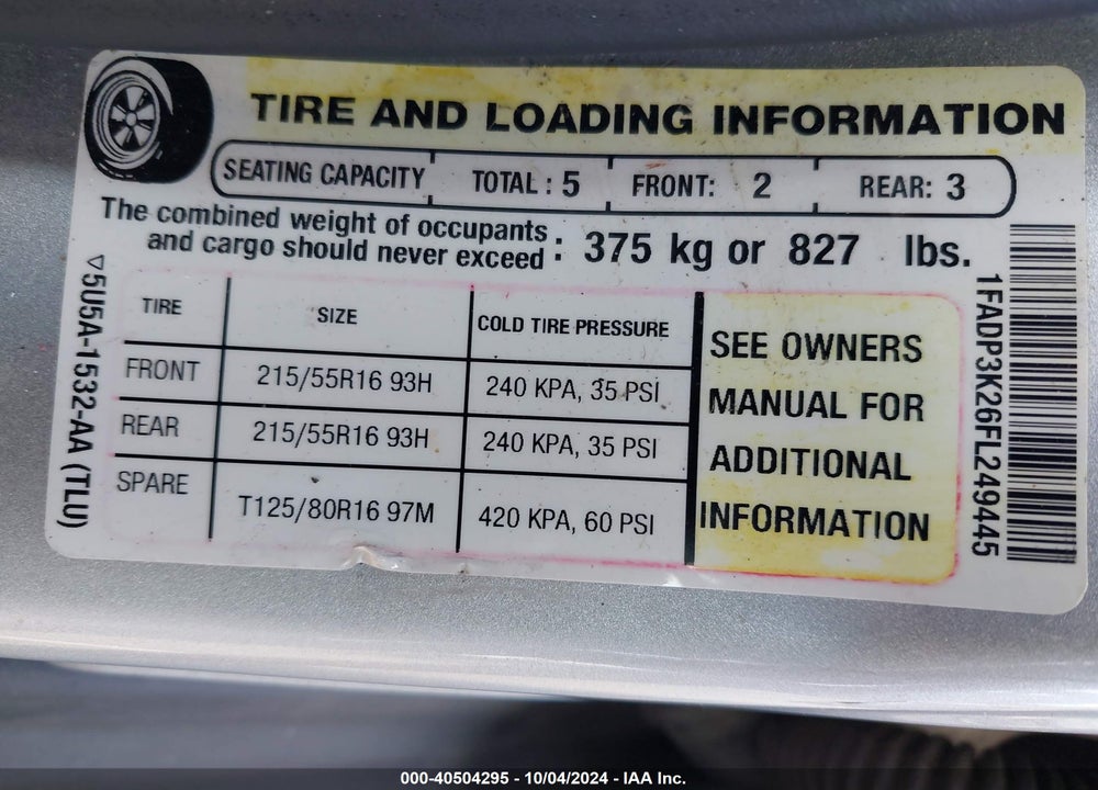 2015 FORD FOCUS SE VIN: 1FADP3K26FL249445