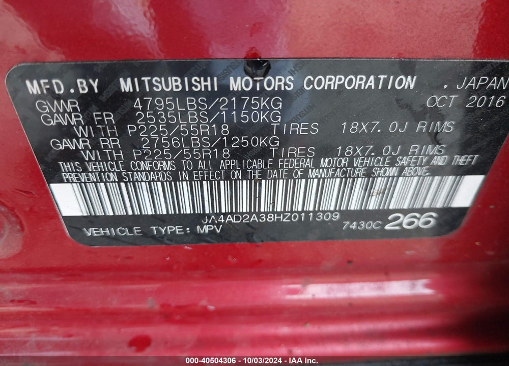 2017 MITSUBISHI OUTLANDER VIN: JA4AD2A38HZ011309