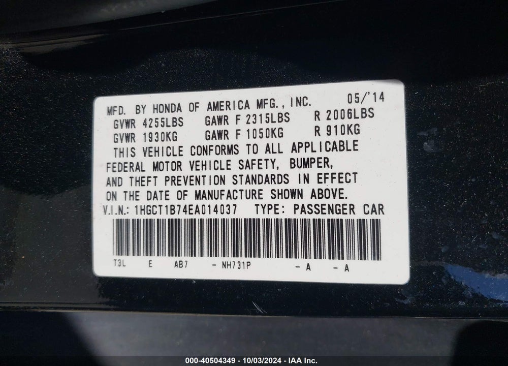 2014 HONDA ACCORD EX VIN: 1HGCT1B74EA014037