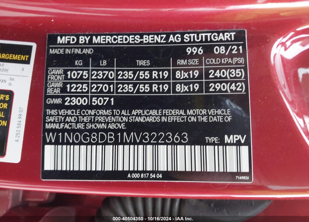 2021 MERCEDES-BENZ GLC 300 SUV VIN: W1N0G8DB1MV322363