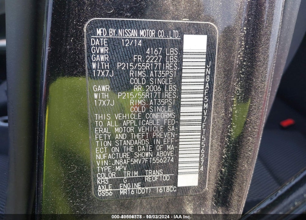 2015 NISSAN JUKE S VIN: JN8AF5MV7FT556274
