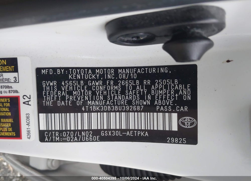 2011 TOYOTA AVALON LIMITED VIN: 4T1BK3DB3BU392687