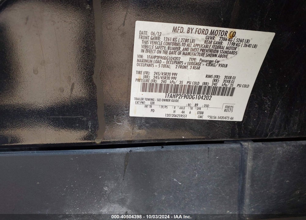 2013 FORD TAURUS LIMITED VIN: 1FAHP2F90DG104202