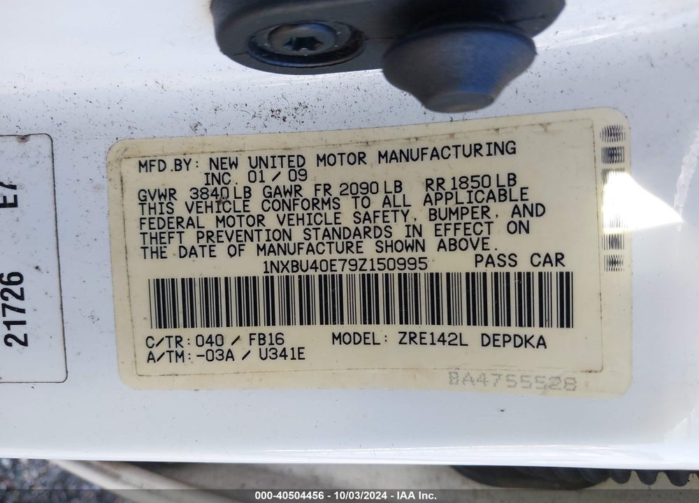 2009 TOYOTA COROLLA LE VIN: 1NXBU40E79Z150995