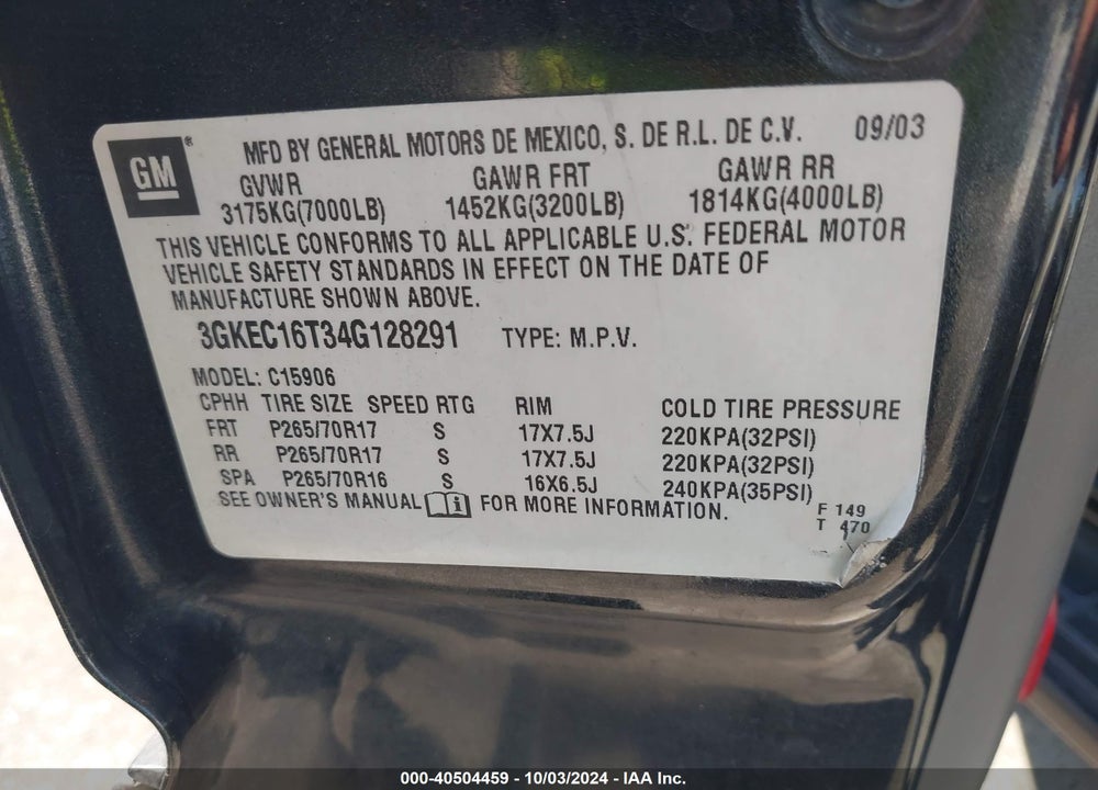 2004 GMC YUKON XL 1500 SLT VIN: 3GKEC16T34G128291