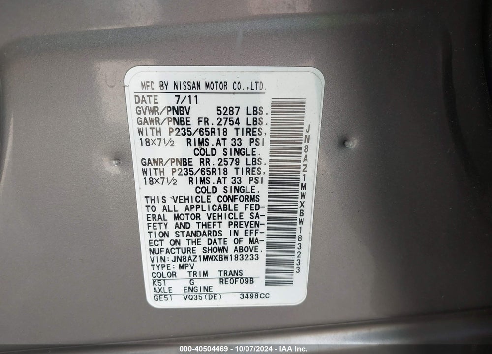 2011 NISSAN MURANO S VIN: JN8AZ1MWXBW183233